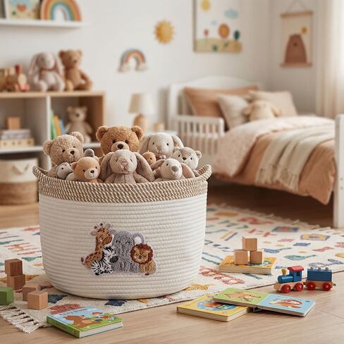 Domensi Woodland Animal Storage Baskets Large 15"x11" Woven Baby Toy Baskets with Embroidered Appliqué Baby Laundry Basket for Nursery Gift Toy Organizer Laundry Hamper Diaper Towel in Kuwait