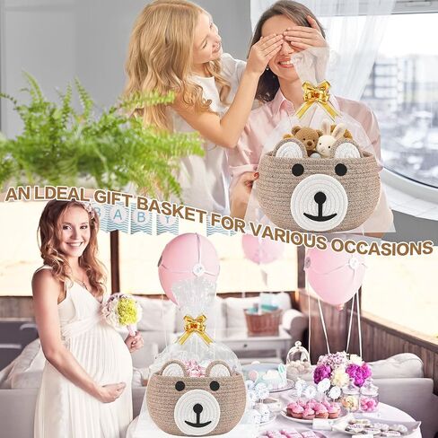 سلة الدب الطفل لاستحمام الطفل مع أكياس الهدايا والأشرطة، سلال الهدايا للحضانة، سلة منسوجة الحيوانات الصغيرة للهدايا فارغة مع مقبض، سلال هدايا عيد الأم للطفل، بني فاتح in Kuwait