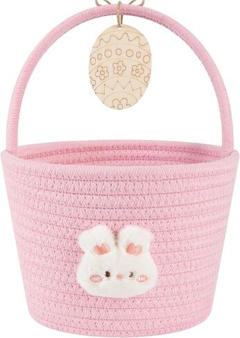OIAHOMY Gift Basket with Handle, Personalized Baby Basket for Kids, Woven Rope Gift Empty for Toys, Baby Treasure Hunt Baskets with Wooden Card for Boys and Girls - Pink in Kuwait