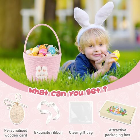 OIAHOMY Gift Basket with Handle, Personalized Baby Basket for Kids, Woven Rope Gift Empty for Toys, Baby Treasure Hunt Baskets with Wooden Card for Boys and Girls - Pink in Kuwait