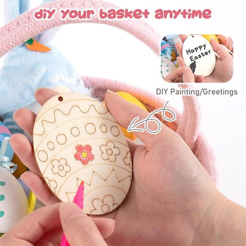 OIAHOMY Gift Basket with Handle, Personalized Baby Basket for Kids, Woven Rope Gift Empty for Toys, Baby Treasure Hunt Baskets with Wooden Card for Boys and Girls - Pink in Kuwait
