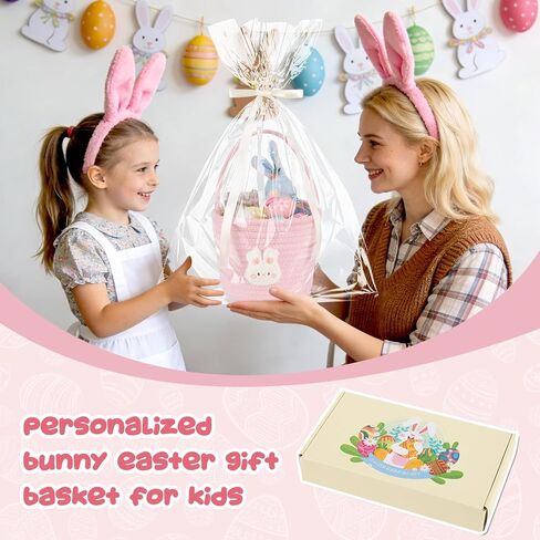 OIAHOMY Gift Basket with Handle, Personalized Baby Basket for Kids, Woven Rope Gift Empty for Toys, Baby Treasure Hunt Baskets with Wooden Card for Boys and Girls - Pink in Kuwait