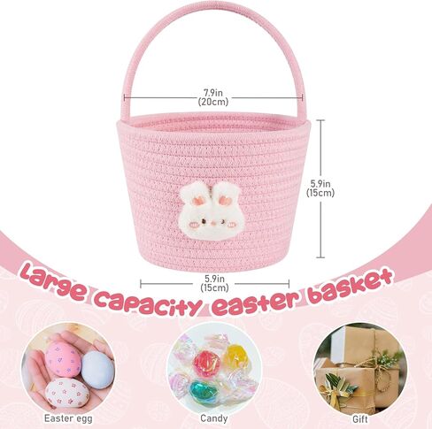 OIAHOMY Gift Basket with Handle, Personalized Baby Basket for Kids, Woven Rope Gift Empty for Toys, Baby Treasure Hunt Baskets with Wooden Card for Boys and Girls - Pink in Kuwait