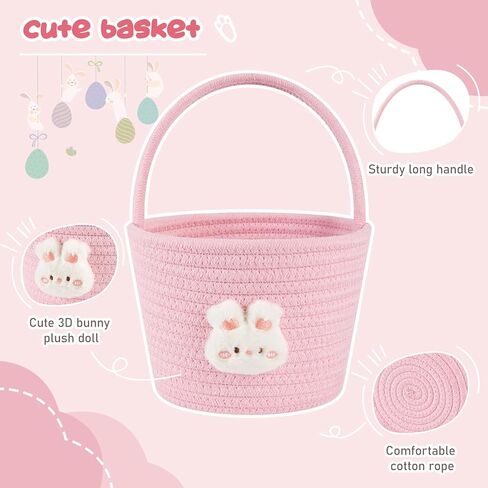 OIAHOMY Gift Basket with Handle, Personalized Baby Basket for Kids, Woven Rope Gift Empty for Toys, Baby Treasure Hunt Baskets with Wooden Card for Boys and Girls - Pink in Kuwait