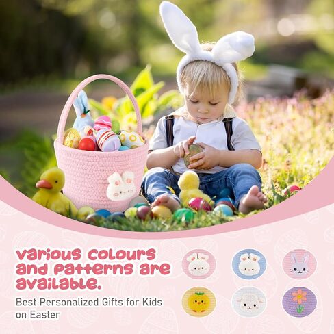 OIAHOMY Gift Basket with Handle, Personalized Baby Basket for Kids, Woven Rope Gift Empty for Toys, Baby Treasure Hunt Baskets with Wooden Card for Boys and Girls - Pink in Kuwait