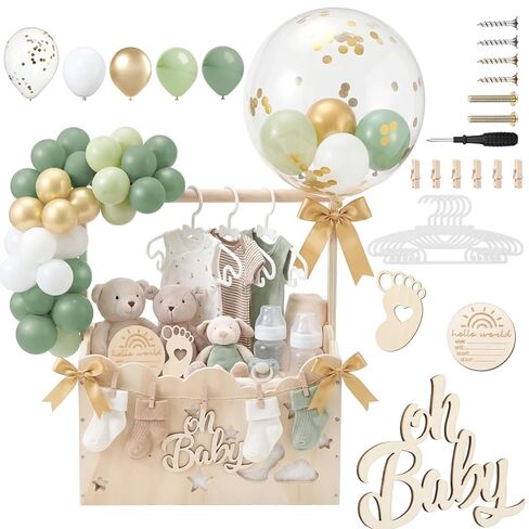 Wooden Baby Shower Crate Closet with Handle and Balloons Large Capacity Baby Shower Basket Newborn Welcome Gifts Storage Box Gifts Easy Assembly Baskets for Newborn Parents (Blue,Hollow) in Kuwait