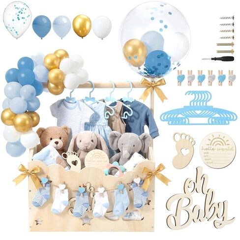 Wooden Baby Shower Crate Closet with Handle and Balloons Large Capacity Baby Shower Basket Newborn Welcome Gifts Storage Box Gifts Easy Assembly Baskets for Newborn Parents (Blue,Hollow) in Kuwait