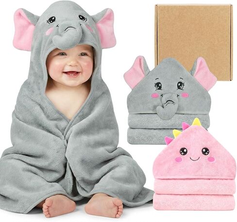 2 Pack Hooded Baby Towels Soft Absorbent Coral Fleece Baby Bath Towels with Animal Hood 32x32 Inch Toddler Bath Towel for 0-3 Years Newborn Baby Shower (Grey Elephant & Pink Dinosaur) in Kuwait