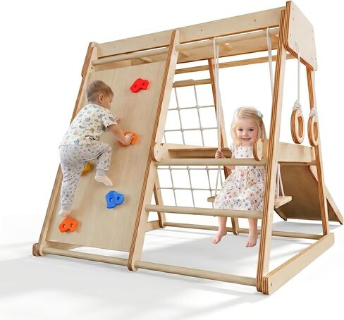 LINKHOO Indoor Jungle Gym for Toddlers Ages 1-4, Wooden Montessori Climber Playset w/Slide, Climbing Net, Monkey Bars, Rope Ladder- Indoor Playground Birthday Gift in Kuwait
