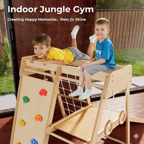 LINKHOO Indoor Jungle Gym for Toddlers Ages 1-4, Wooden Montessori Climber Playset w/Slide, Climbing Net, Monkey Bars, Rope Ladder- Indoor Playground Birthday Gift in Kuwait