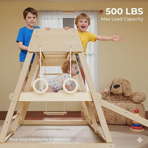 LINKHOO Indoor Jungle Gym for Toddlers Ages 1-4, Wooden Montessori Climber Playset w/Slide, Climbing Net, Monkey Bars, Rope Ladder- Indoor Playground Birthday Gift in Kuwait