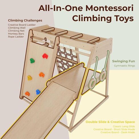 LINKHOO Indoor Jungle Gym for Toddlers Ages 1-4, Wooden Montessori Climber Playset w/Slide, Climbing Net, Monkey Bars, Rope Ladder- Indoor Playground Birthday Gift in Kuwait
