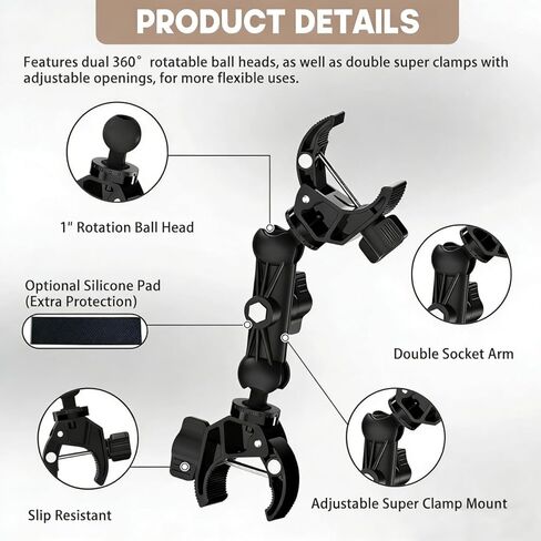 Double Clamp Mount with 360° Magic Arm - Rust Proof Umbrella Clamp for Chair, Stroller, Wheelchair - Lightweight Gear Holder up to 2lbs, Non-Slip Desk Pole Mount (Aluminum) in Kuwait