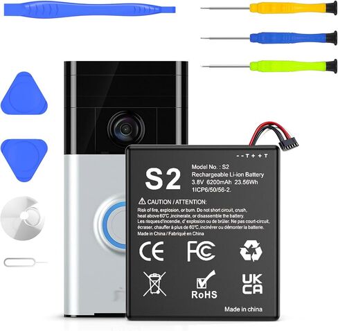 بطارية بديلة SHENMZ S2 (6 دبابيس)، بطارية قابلة لإعادة الشحن بقدرة 6200 مللي أمبير في الساعة متوافقة مع جرس باب الفيديو الدائري الجيل الثاني 5UM5E5 1ICP6/50/56-2 مع أدوات إصلاح (لا تحل محل Ring S1) in Kuwait