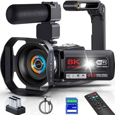 كاميرا فيديو بدقة 8K بدقة 64 ميجابكسل، كاميرا فيديو بتكبير رقمي 18X، كاميرا فيديو على YouTube، كاميرا ويب، رؤية ليلية بالأشعة تحت الحمراء، واي فاي، 3.0 بوصة، كاميرات فيديو بشاشة تعمل باللمس مع ميكروفون، وبطاقة SD 32 جيجا، وجهاز تحكم عن بعد وبطاريتين in Kuwait