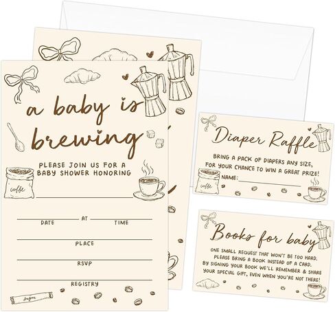 دعوات استحمام الطفل من Baby is Brewing، ودعوات قوس القهوة مع المغلفات، وتذاكر يانصيب الحفاضات وبطاقات طلب الكتب، ودعوة BabyShower محايدة للجنسين للأولاد والبنات -06 in Kuwait