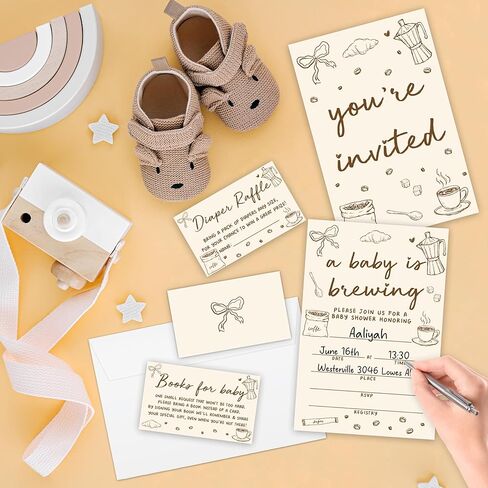 دعوات استحمام الطفل من Baby is Brewing، ودعوات قوس القهوة مع المغلفات، وتذاكر يانصيب الحفاضات وبطاقات طلب الكتب، ودعوة BabyShower محايدة للجنسين للأولاد والبنات -06 in Kuwait
