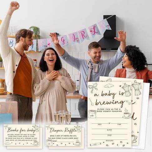 دعوات استحمام الطفل من Baby is Brewing، ودعوات قوس القهوة مع المغلفات، وتذاكر يانصيب الحفاضات وبطاقات طلب الكتب، ودعوة BabyShower محايدة للجنسين للأولاد والبنات -06 in Kuwait