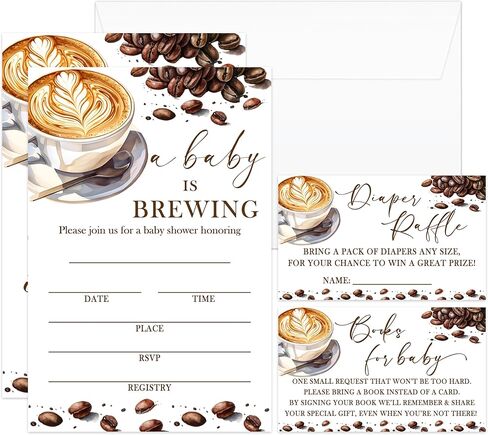 A Baby Is Brewing Baby Shower Invitations - 25 Coffee Invites with Envelopes, Diaper Raffle Tickets, Book Request Cards, Party Decorations Supplies Favors -08 in Kuwait