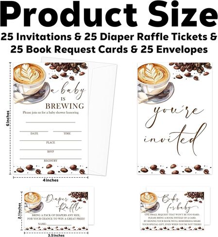 A Baby Is Brewing Baby Shower Invitations - 25 Coffee Invites with Envelopes, Diaper Raffle Tickets, Book Request Cards, Party Decorations Supplies Favors -08 in Kuwait