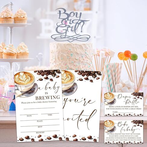 A Baby Is Brewing Baby Shower Invitations - 25 Coffee Invites with Envelopes, Diaper Raffle Tickets, Book Request Cards, Party Decorations Supplies Favors -08 in Kuwait