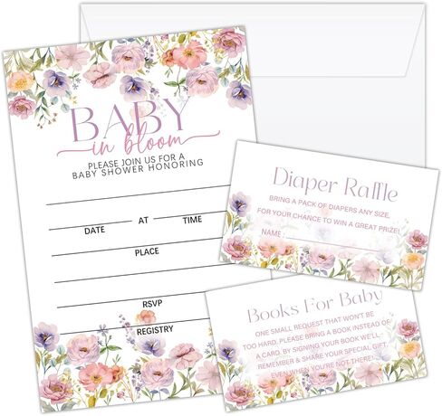 Baby in Bloom 25 Baby Shower Invitations Fill-In Invitation Cards with Envelopes, Diaper Raffle Cards, Book Cards for Baby Gender Reveal Party Decorations & Supplies-11 in Kuwait