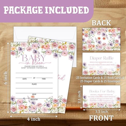 Baby in Bloom 25 Baby Shower Invitations Fill-In Invitation Cards with Envelopes, Diaper Raffle Cards, Book Cards for Baby Gender Reveal Party Decorations & Supplies-11 in Kuwait