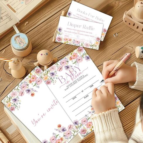 Baby in Bloom 25 Baby Shower Invitations Fill-In Invitation Cards with Envelopes, Diaper Raffle Cards, Book Cards for Baby Gender Reveal Party Decorations & Supplies-11 in Kuwait