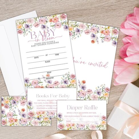 Baby in Bloom 25 Baby Shower Invitations Fill-In Invitation Cards with Envelopes, Diaper Raffle Cards, Book Cards for Baby Gender Reveal Party Decorations & Supplies-11 in Kuwait