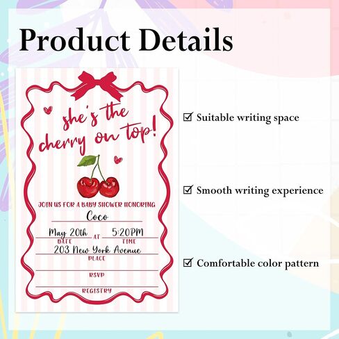 دعوات استحمام الطفل من She's the Cherry on Top - 25 دعوة ذات طابع الكرز مع مظاريف، وتذاكر يانصيب الحفاضات، وبطاقات طلب الكتب، ومستلزمات تزيين الحفلات -01 in Kuwait