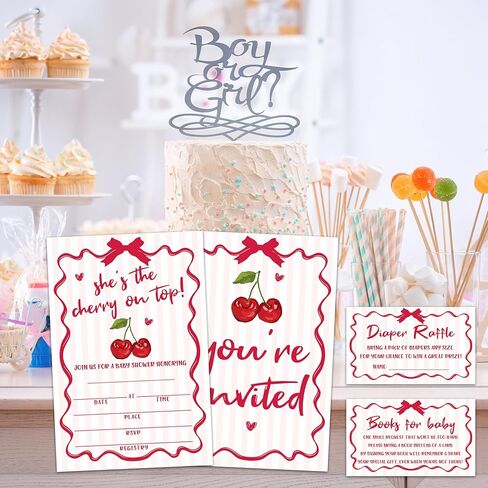دعوات استحمام الطفل من She's the Cherry on Top - 25 دعوة ذات طابع الكرز مع مظاريف، وتذاكر يانصيب الحفاضات، وبطاقات طلب الكتب، ومستلزمات تزيين الحفلات -01 in Kuwait