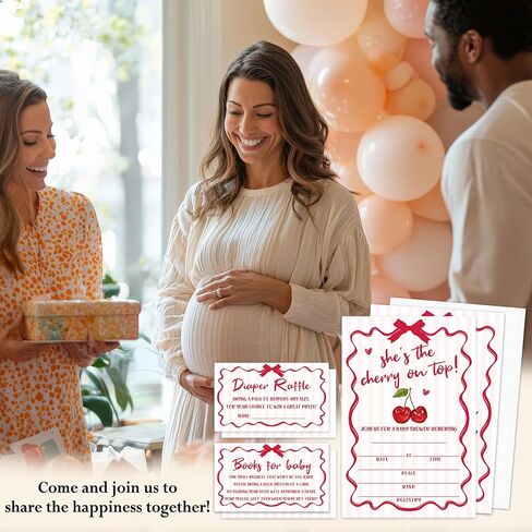 دعوات استحمام الطفل من She's the Cherry on Top - 25 دعوة ذات طابع الكرز مع مظاريف، وتذاكر يانصيب الحفاضات، وبطاقات طلب الكتب، ومستلزمات تزيين الحفلات -01 in Kuwait