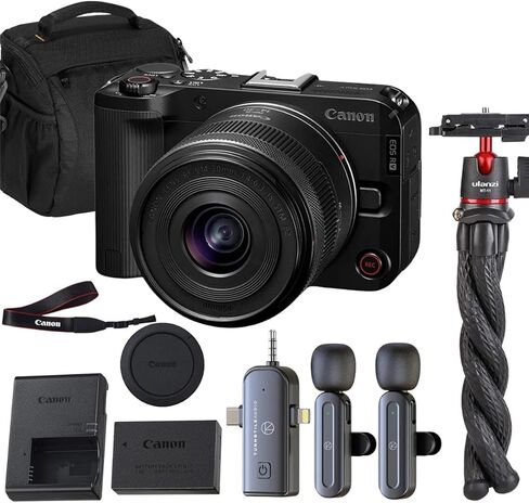 Canon EOS R50 V Mirrorless Camera Body with 24.2MP APS-C Sensor, 4K Video, Dual Pixel AF II, Flip Screen,Vlogging Kit with Wireless Lavalier Mic, Flexible Tripod, Shoulder Bag | 1-Year Warranty in Kuwait