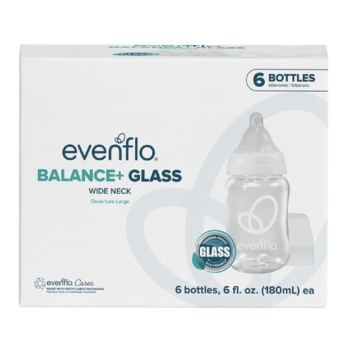 Evenflo Balance+ Glass Wide Neck Baby Bottles, Clear, 6 fl oz, 6 Pack in Kuwait