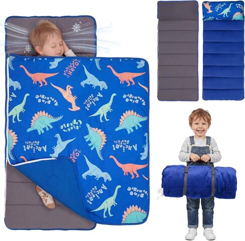 Basumee Reversible Cooling & Warm Toddler Nap Mat with Removable Pillow Extra Large 55''x35'' Kids Sleeping Bag for Daycare Preschool Kindergarten Roll Up Nap Mat for Boys in Kuwait