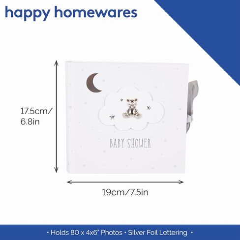 ألبوم صور استحمام للأطفال باللون الأبيض العاجي الجميل من Happy Homewares مع دمية دب ونجوم مطلية بالفضة | يحمل 80 صورة | شريط قماش رمادي فاخر in Kuwait