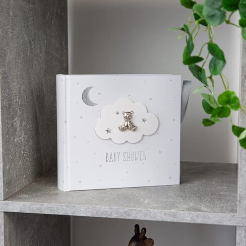 ألبوم صور استحمام للأطفال باللون الأبيض العاجي الجميل من Happy Homewares مع دمية دب ونجوم مطلية بالفضة | يحمل 80 صورة | شريط قماش رمادي فاخر in Kuwait