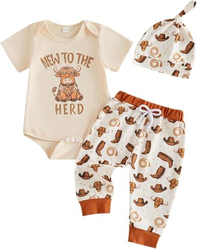 Newborn Baby Boy Western Clothes New to the Herd Highland Cow Romper Cowboy Pants Set Hat 3Pcs Cowboy Summer Outfit in Kuwait