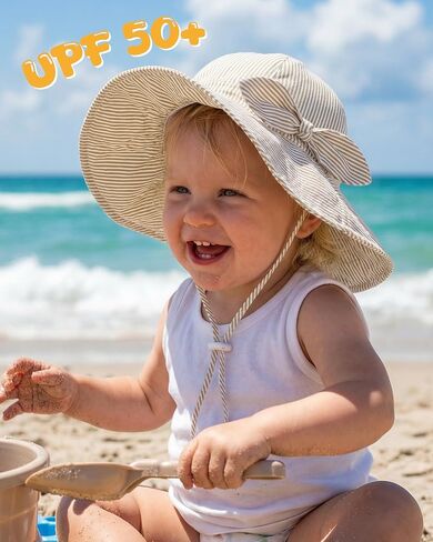 HONGTEYA Baby Sun Hat Toddler Girls Boys Infant Beach Outdoor Summer Hat Stripe Bow Wide Brim Sun Protection in Kuwait