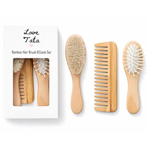 Luxury Baby Brush Set 3-Piece Bamboo Hair Brush & Comb Kit – Soft Goat Bristle Brush, Wooden Comb & Massage Brush for Newborns, Infants & Toddlers – Gentle Cradle Cap Care in Kuwait