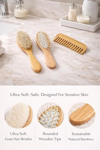 Luxury Baby Brush Set 3-Piece Bamboo Hair Brush & Comb Kit – Soft Goat Bristle Brush, Wooden Comb & Massage Brush for Newborns, Infants & Toddlers – Gentle Cradle Cap Care in Kuwait