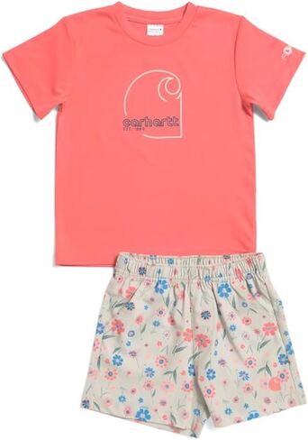 طقم قميص Carhartt Baby Girls SD9935 Force® Sun Defender بأكمام قصيرة وسروال قصير مزين بالزهور - UPF 50 in Kuwait
