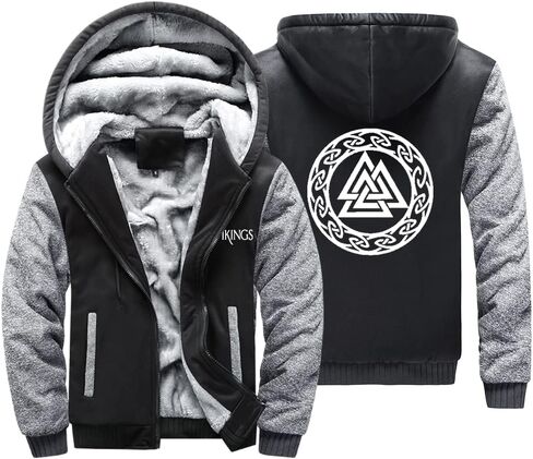 Norse Odin Valknut Print Thick Fleece Zip Hoodie, Viking Warm Big Pockets Sweatshirt, Celtic Pagan Jacket Streetwear in Kuwait