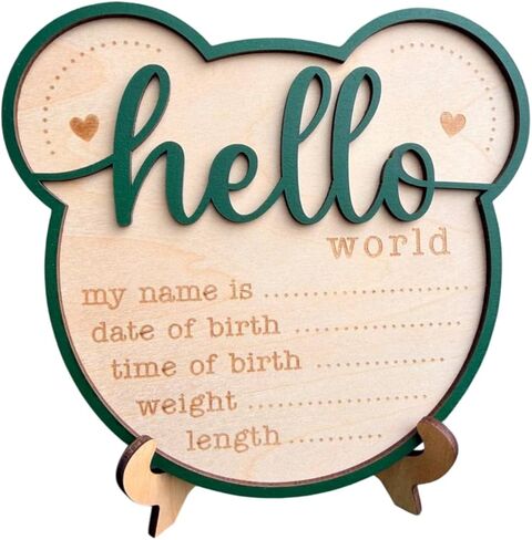 زينة خشبية لإعلان ولادة حديثي الولادة، علامة تذكار Hello World Baby مع الاسم والتاريخ والوقت وطول الوزن، ديكور غرفة الحضانة للأطفال in Kuwait