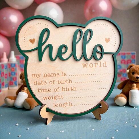 زينة خشبية لإعلان ولادة حديثي الولادة، علامة تذكار Hello World Baby مع الاسم والتاريخ والوقت وطول الوزن، ديكور غرفة الحضانة للأطفال in Kuwait