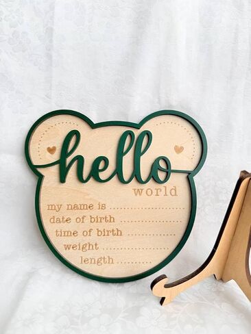 زينة خشبية لإعلان ولادة حديثي الولادة، علامة تذكار Hello World Baby مع الاسم والتاريخ والوقت وطول الوزن، ديكور غرفة الحضانة للأطفال in Kuwait