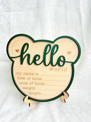 زينة خشبية لإعلان ولادة حديثي الولادة، علامة تذكار Hello World Baby مع الاسم والتاريخ والوقت وطول الوزن، ديكور غرفة الحضانة للأطفال in Kuwait