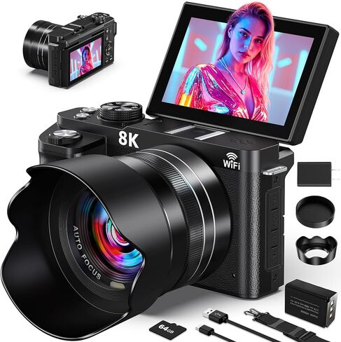 كاميرا رقمية 8K - كاميرات واي فاي 88 ميجابكسل للتصوير الفوتوغرافي - كاميرا تسجيل فيديو بتركيز تلقائي UHD لتكبير YouTube 18X - كاميرا فيديو للمصور المبتدئ مع شاشة قلاب 3 بوصات 180 درجة، غطاء عدسة، بطاقة 64 جيجابايت in Kuwait