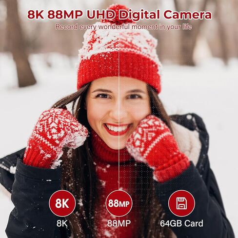 كاميرا رقمية 8K - كاميرات واي فاي 88 ميجابكسل للتصوير الفوتوغرافي - كاميرا تسجيل فيديو بتركيز تلقائي UHD لتكبير YouTube 18X - كاميرا فيديو للمصور المبتدئ مع شاشة قلاب 3 بوصات 180 درجة، غطاء عدسة، بطاقة 64 جيجابايت in Kuwait