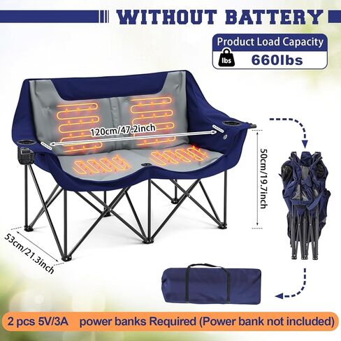 Heated Double Camping Chair for Adults, 4 Heating Zones & 3 Heat Levels, Padded Loveseat Oversize Folding Chair Portable for Outdoor Sports Lawn, Use 5v/3a Power Bank (Not Included)(Black, Gray) in Saudi Arabia